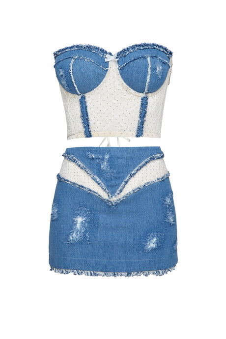 DENIM COSTUME WITH LACE DETAILS