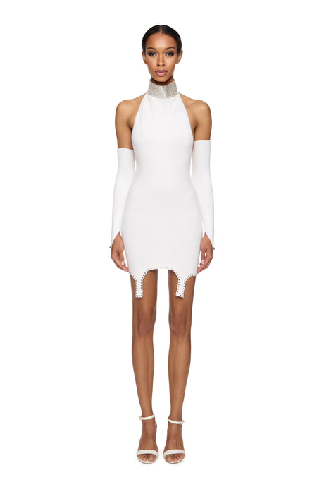 Knitted mini dress with crystal choker