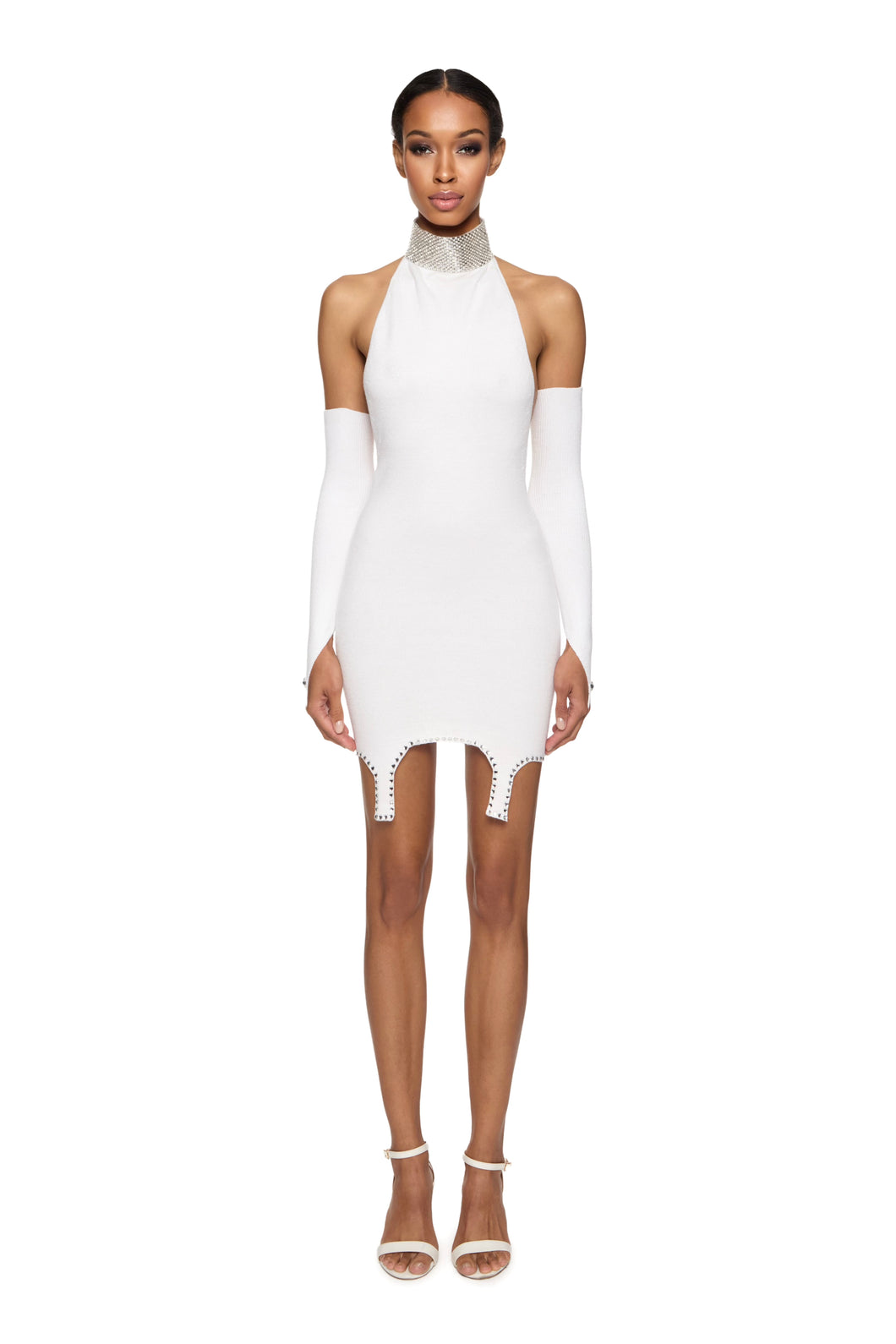 Knitted mini dress with crystal choker