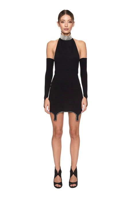 Knitted mini dress with crystal choker