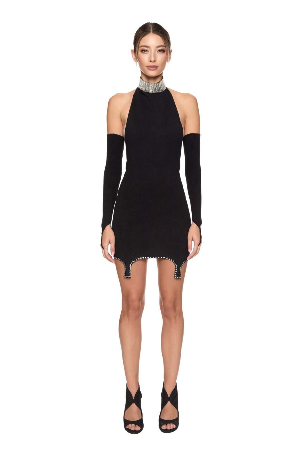 Knitted mini dress with crystal choker