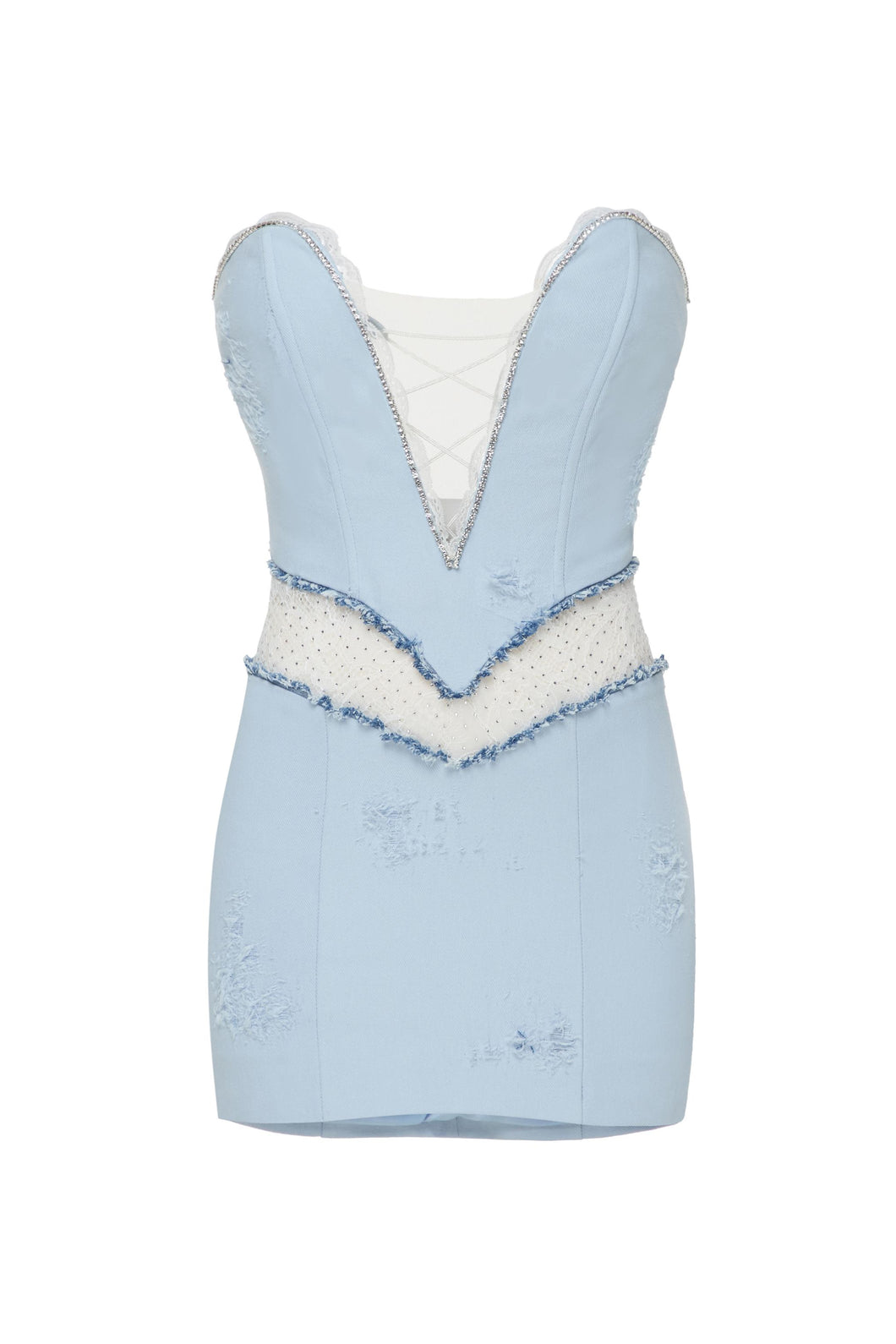 DENIM CORSET DRESS WITH LACE AND CRYSTAL DECOR