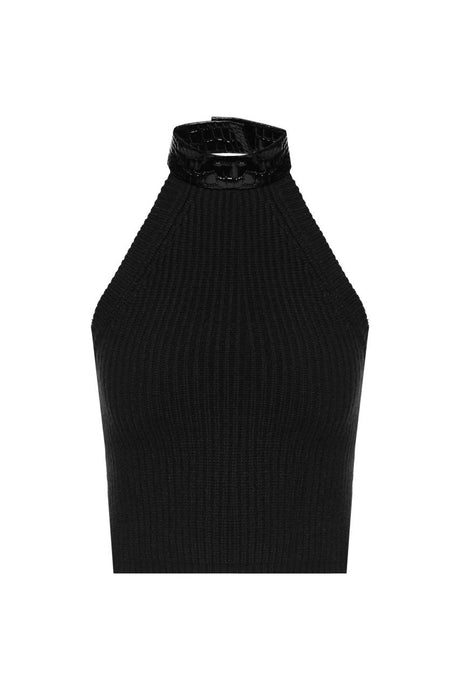 Knitted top with vegan leather chocker