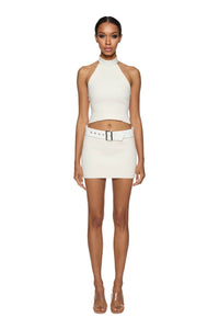 Knitted mini skirt with vegan leather belt