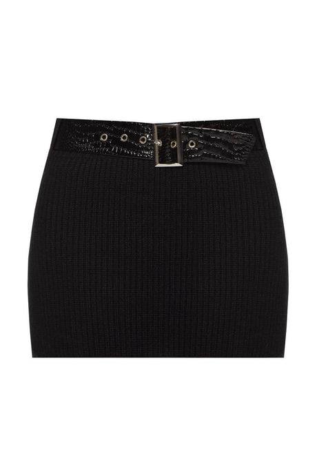 Knitted mini skirt with vegan leather belt