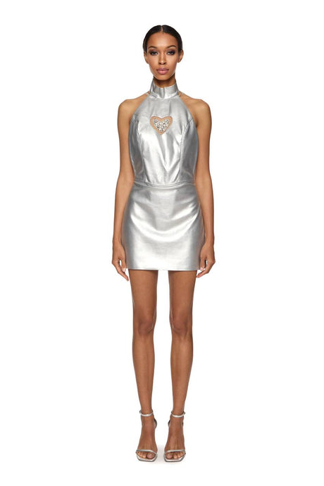 Vegan leather mini dress with open back