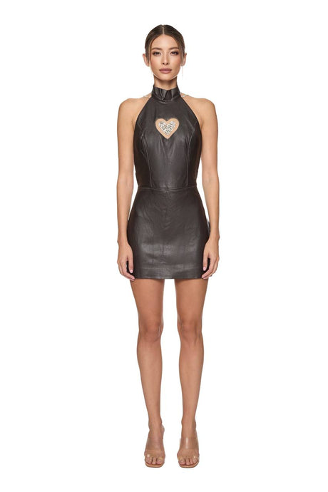 Vegan leather mini dress with open back
