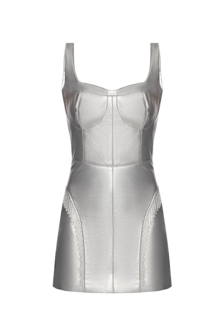 Vegan leather mini dress with fringe decorations