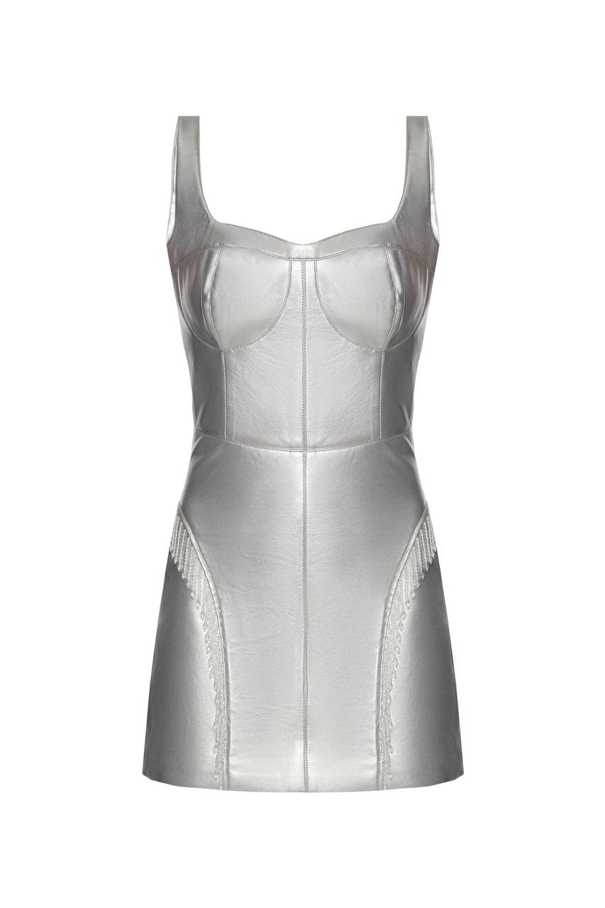 Vegan leather mini dress with fringe decorations