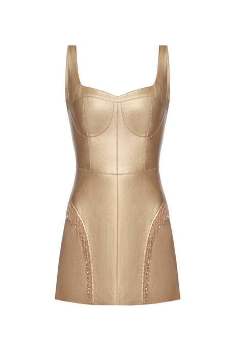 Vegan leather mini dress with fringe decorations