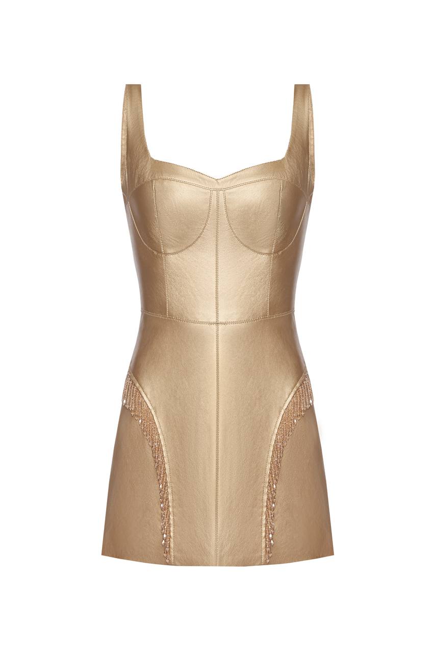 Vegan leather mini dress with fringe decorations