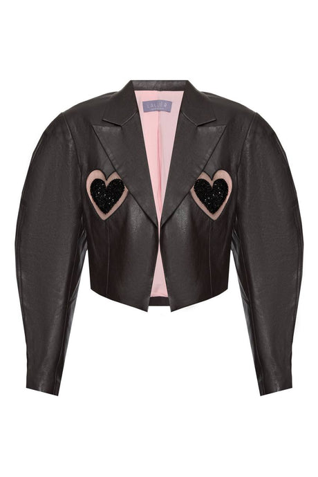 Vegan leather jacket with embroidered hearts