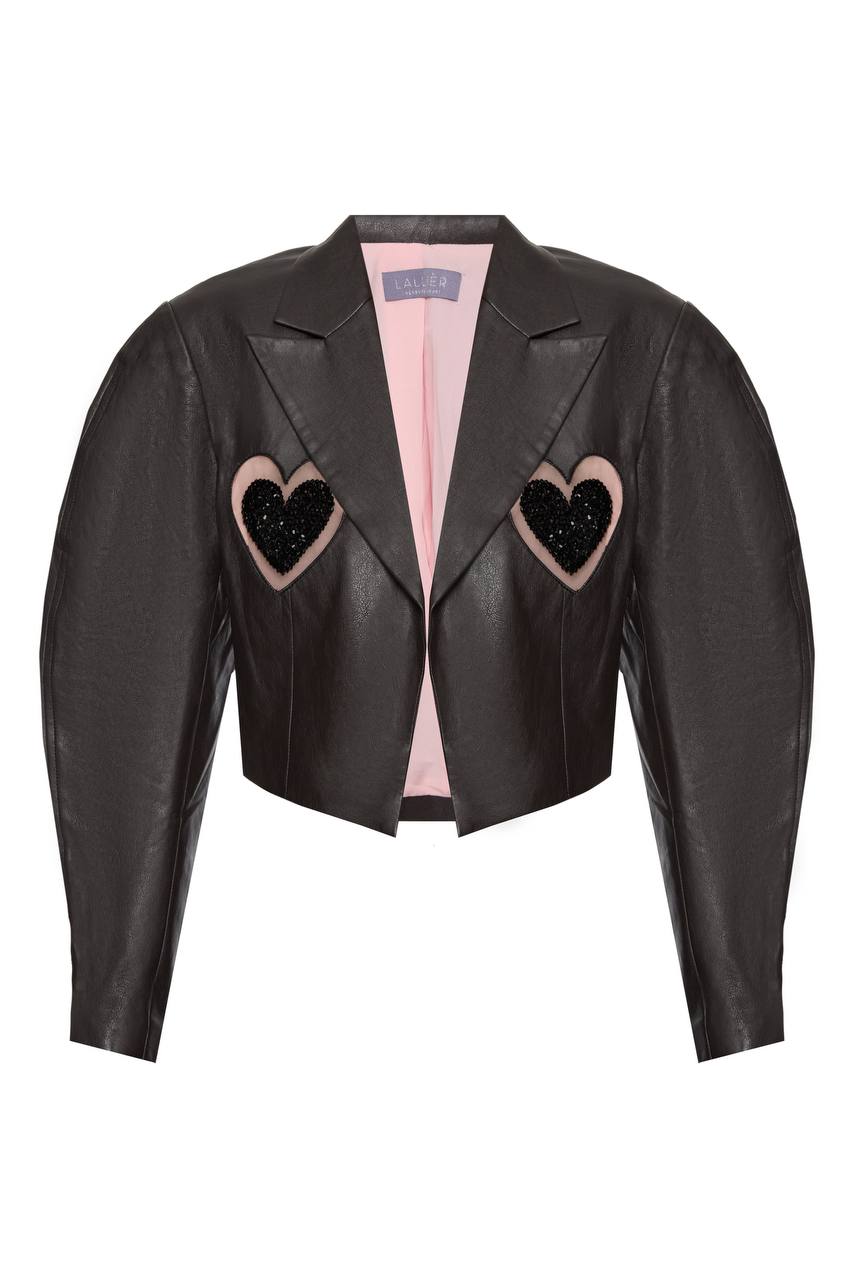 Vegan leather jacket with embroidered hearts