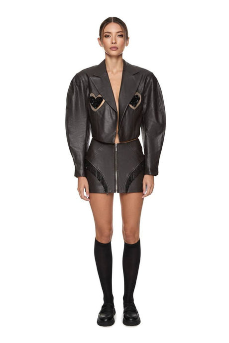 Vegan leather jacket and mini skirt  with embroidered hearts mini skirt