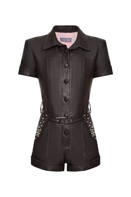 Vegan leather jumpsuit with embroidered belt