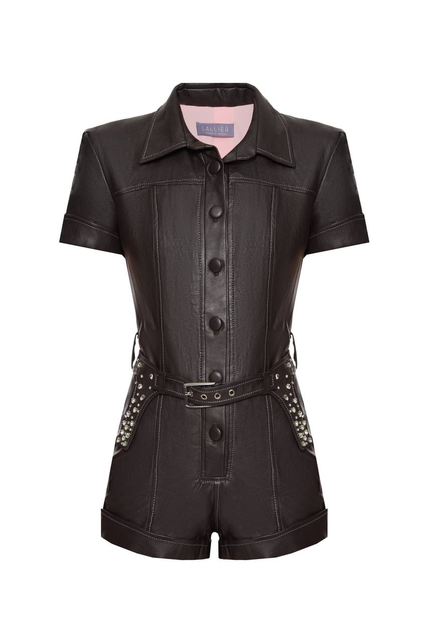Vegan leather jumpsuit with embroidered belt