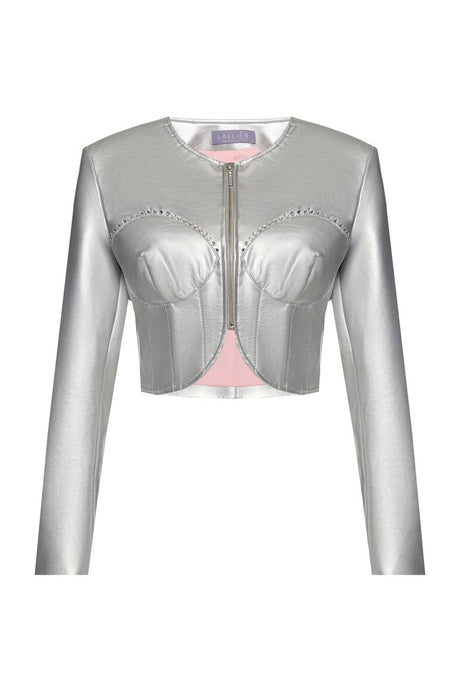 Vegan leather crop jacket with crystal bra design