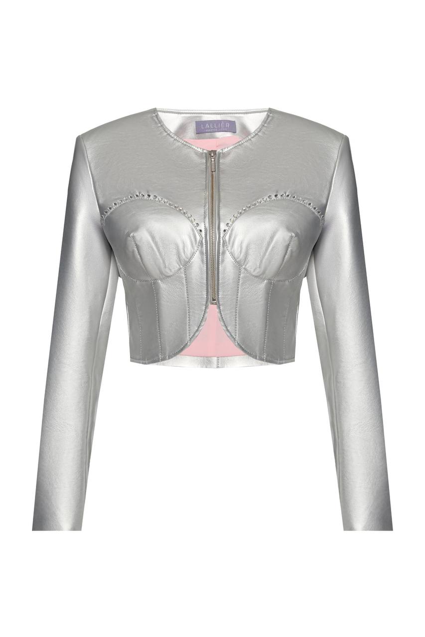 Vegan leather crop jacket with crystal bra design