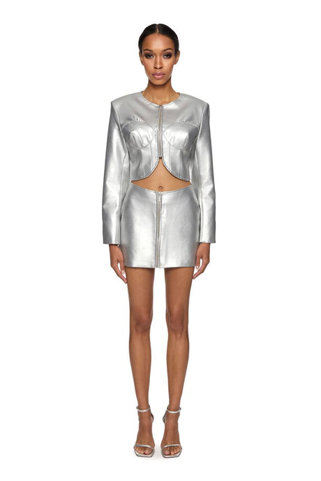 Vegan leather crop jacket and mini skirt  with crystal bra design