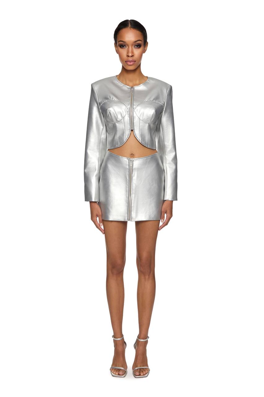 Vegan leather crop jacket and mini skirt  with crystal bra design