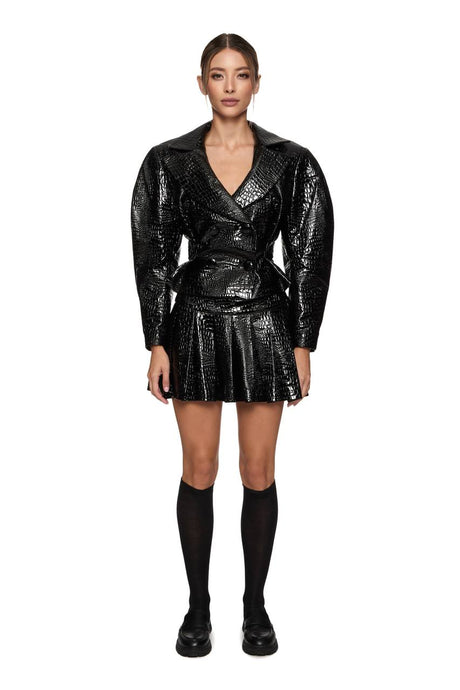 Vegan crocodile leather jacket mini skirt