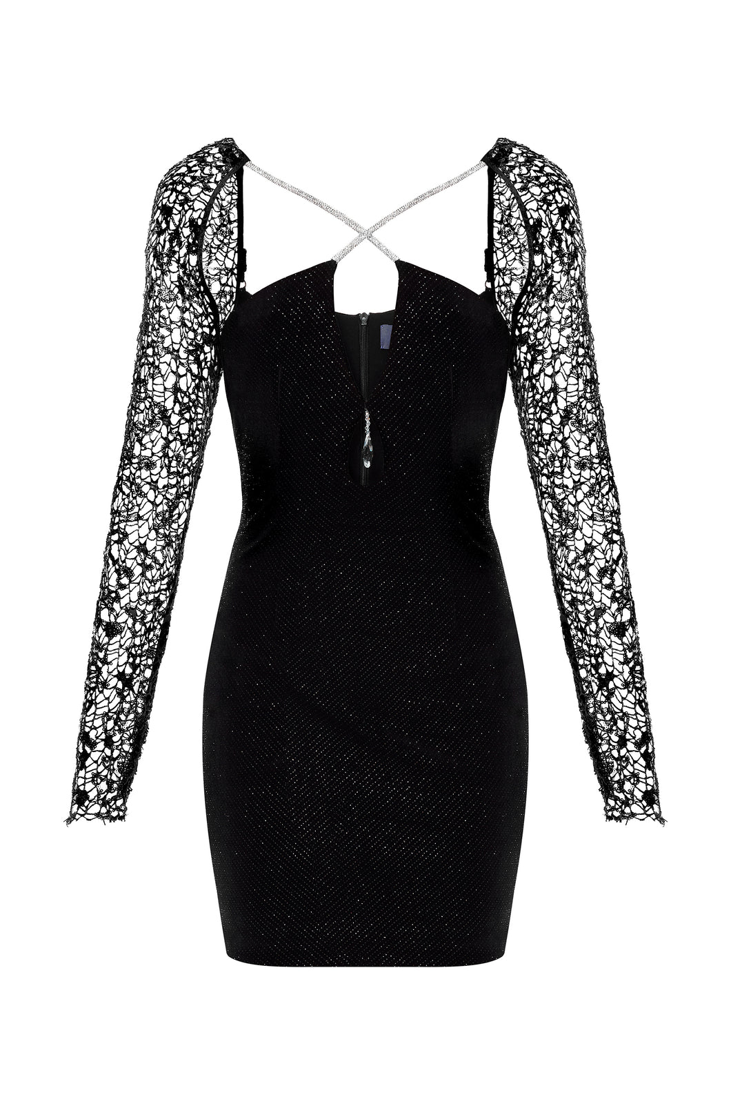 SHINY VELVET DRESS WITH CRYSTAL COD AND SEQUINS MESH SLEEVES