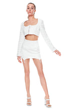 Load image into Gallery viewer, SET OF JACQUARD WHITE JACKET WITH CRYSTAL BEADS SLEEVES AND JACQUARD WHITE SKIRT WITH A DROPS DECOR