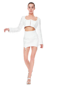 JACQUARD WHITE JACKET WITH CRYSTAL BEADS SLEEVES