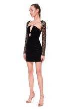 Load image into Gallery viewer, SHINY VELVET DRESS WITH CRYSTAL COD AND SEQUINS MESH SLEEVES