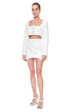 Load image into Gallery viewer, SET OF JACQUARD WHITE JACKET WITH CRYSTAL BEADS SLEEVES AND JACQUARD WHITE SKIRT WITH A DROPS DECOR