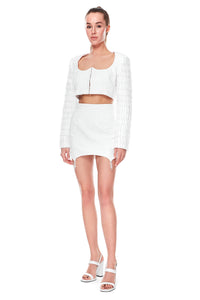 SET OF JACQUARD WHITE JACKET WITH CRYSTAL BEADS SLEEVES AND JACQUARD WHITE SKIRT WITH A DROPS DECOR