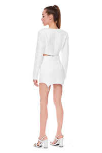 JACQUARD WHITE JACKET WITH CRYSTAL BEADS SLEEVES