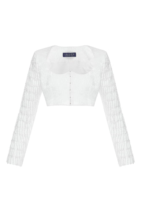 JACQUARD WHITE JACKET WITH CRYSTAL BEADS SLEEVES