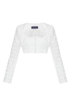Load image into Gallery viewer, SET OF JACQUARD WHITE JACKET WITH CRYSTAL BEADS SLEEVES AND JACQUARD WHITE SKIRT WITH A DROPS DECOR