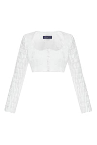 SET OF JACQUARD WHITE JACKET WITH CRYSTAL BEADS SLEEVES AND JACQUARD WHITE SKIRT WITH A DROPS DECOR