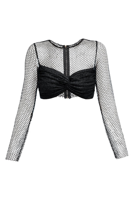 Glitter top with mesh sleeves