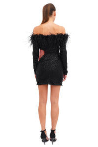 Sequins dress with fur and crystal heart on the side