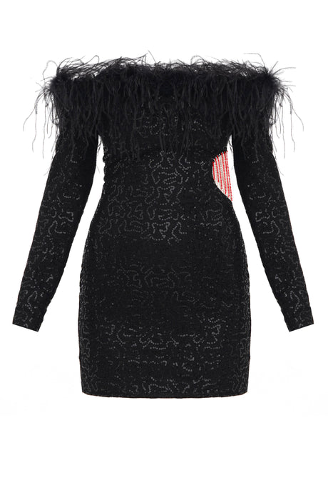 Sequins dress with fur and crystal heart on the side