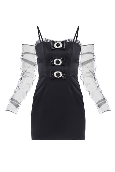Satin dress with mesh sleeves