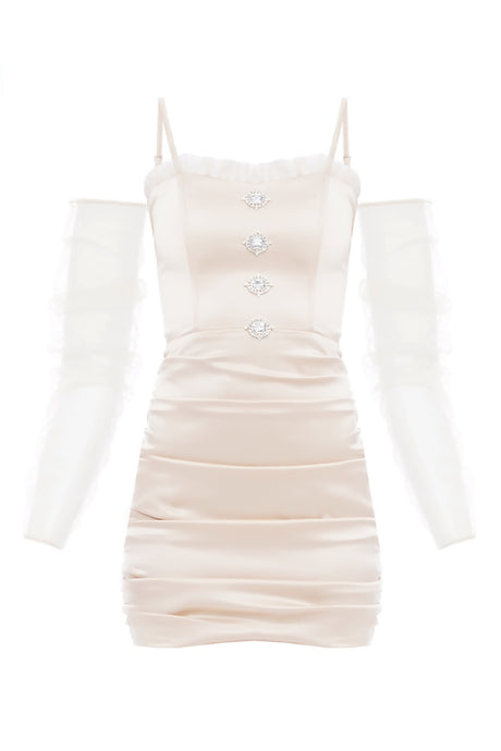 Satin dress with mesh sleeves