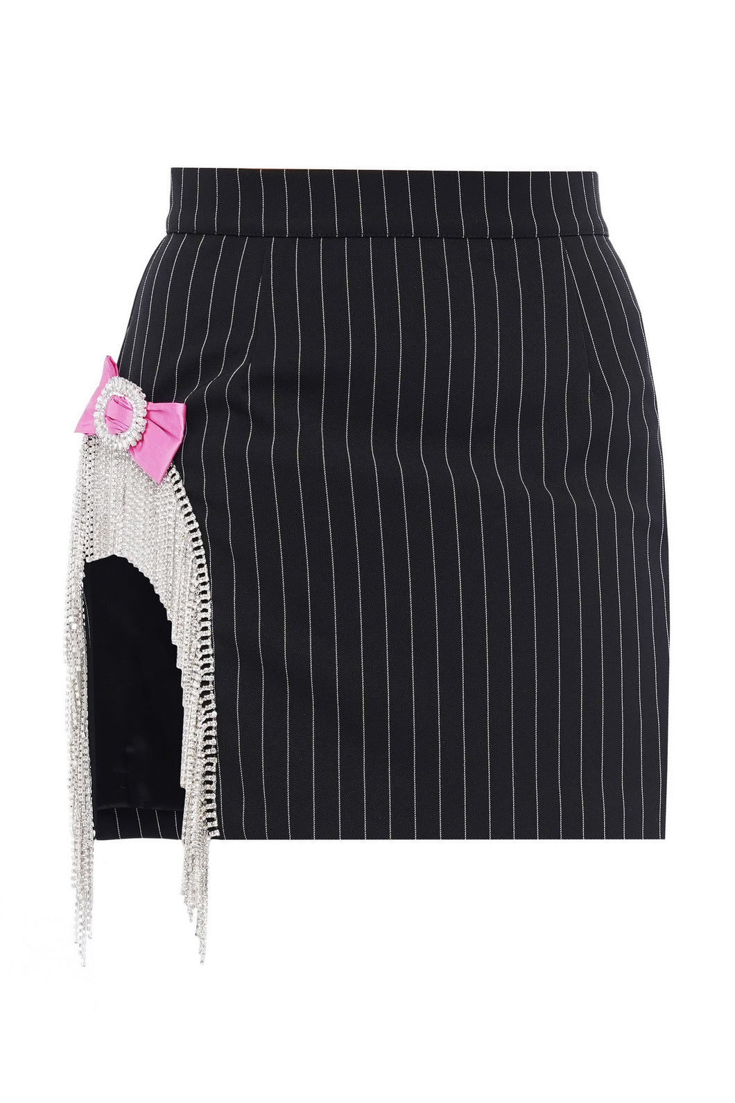 Mini skirt with crystal fringe and bow brooch