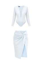 Load image into Gallery viewer, Baby blue shiny bodysuit and midi skirt