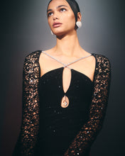 Load image into Gallery viewer, SHINY VELVET DRESS WITH CRYSTAL COD AND SEQUINS MESH SLEEVES